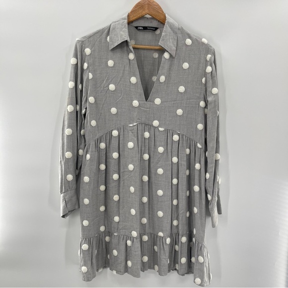 Zara Pom Polka Dot Babydoll Mini Contrast Dress Gray White Shirt Size Medium - Picture 2 of 15